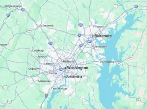 opline Roofing service area map covering Maryland, Washington DC, and Northern Virginia.